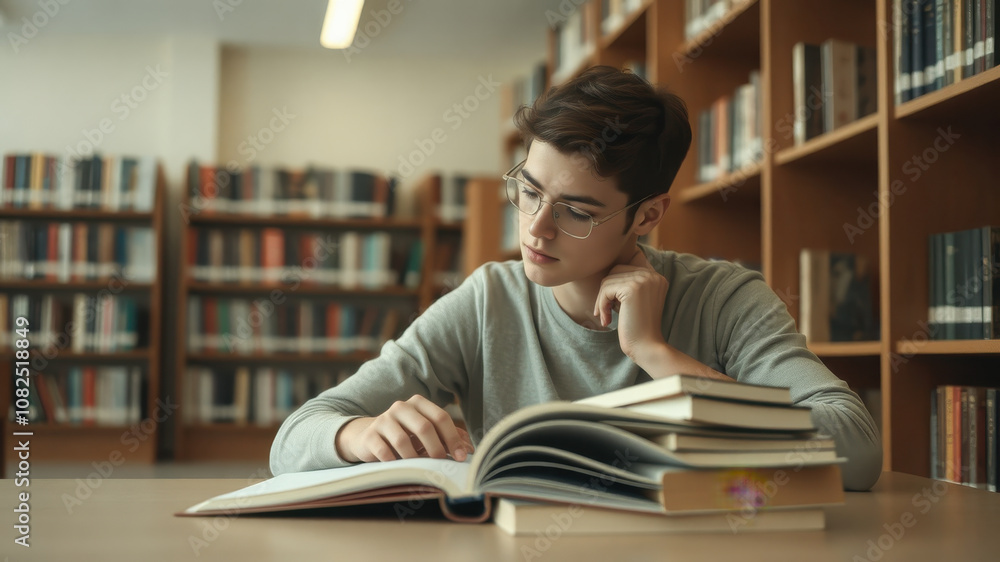Focused young adult studying in library, surrounded by books, deep in thought. serene environment enhances concentration and learning Focused young adult studying in library, surrounded by books, deep in thought. serene environment enhances concentration and learning