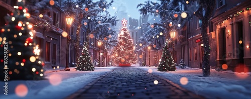 Christmas tree illuminating snowy street in charming european town