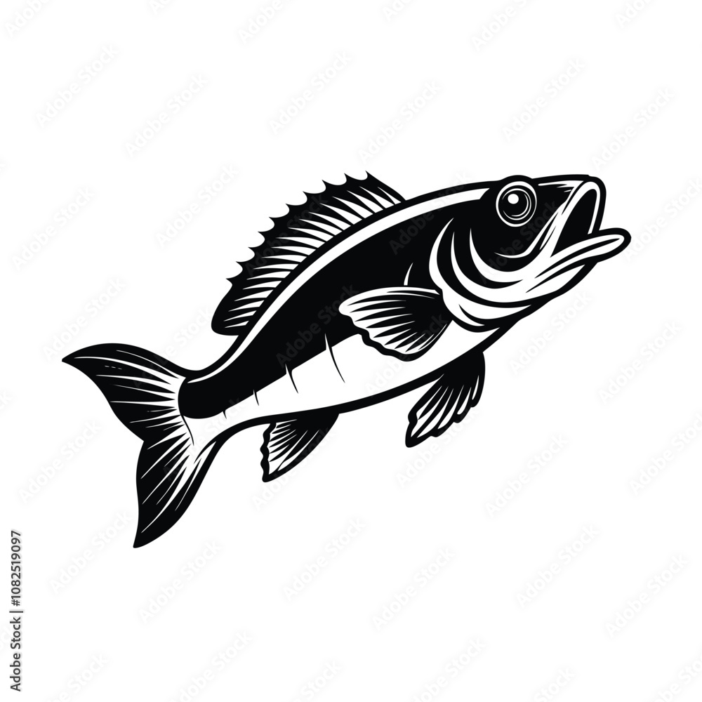 sea bass fish design, labeled linocut vector silhouette illustration. sea bass fish design, labeled linocut vector silhouette illustration.