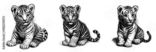 An illustration of a cute tiger baby sitting with black outlines in monochrome