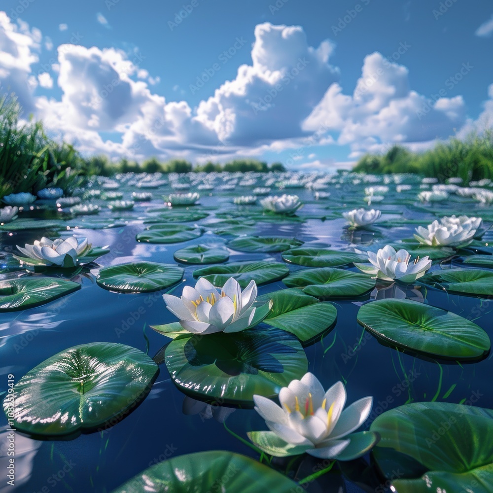 A serene lake with white water lilies floating on the surface, surrounded by green lily pads and reeds. The sky is blue with white fluffy clouds. A serene lake with white water lilies floating on the surface, surrounded by green lily pads and reeds. The sky is blue with white fluffy clouds.