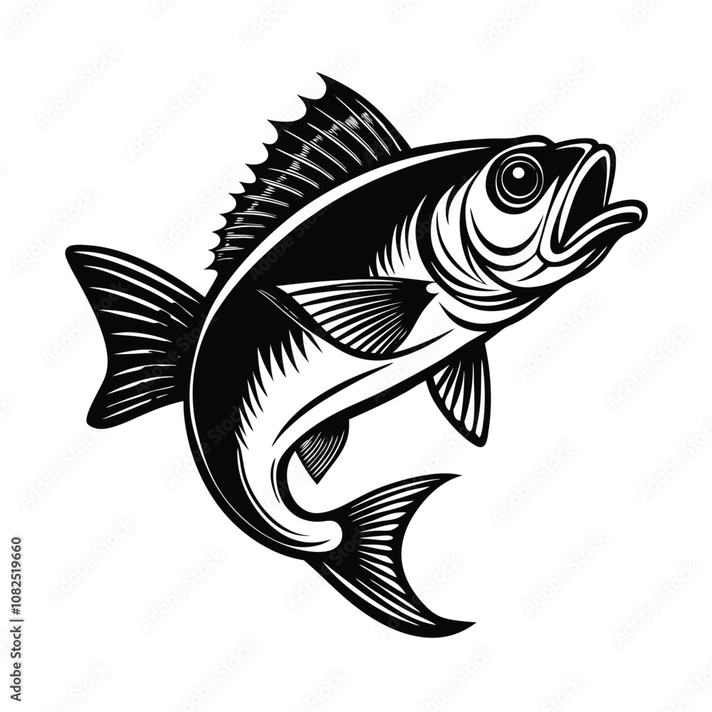 sea bass fish design, labeled linocut vector silhouette illustration. sea bass fish design, labeled linocut vector silhouette illustration.