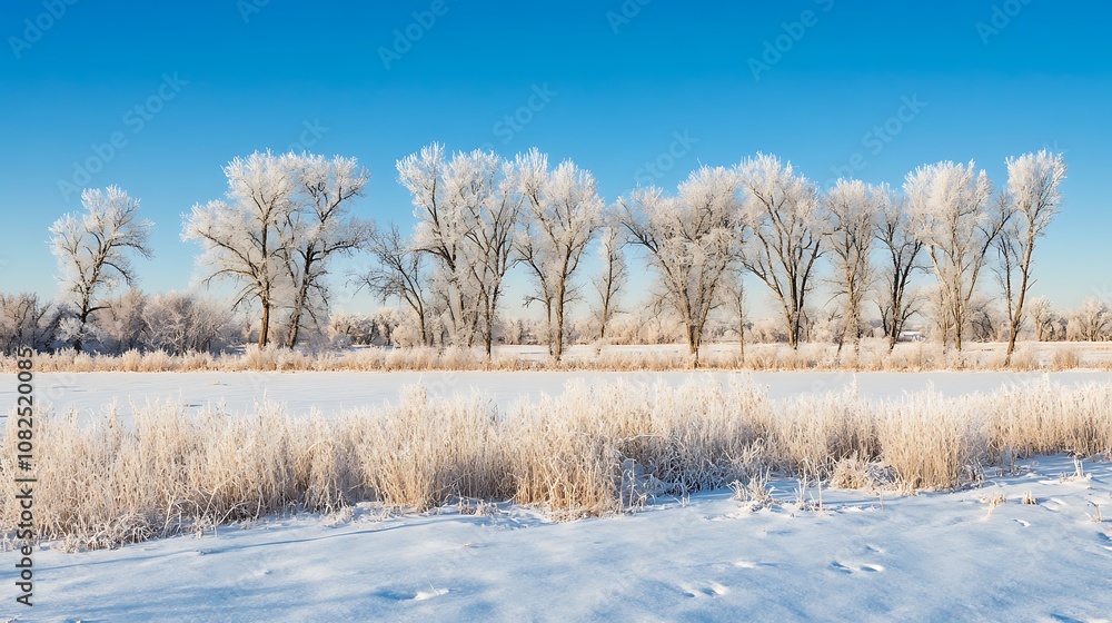 A serene winter landscape featuring frosted trees and a snowy field under a clear blue sky. A serene winter landscape featuring frosted trees and a snowy field under a clear blue sky.