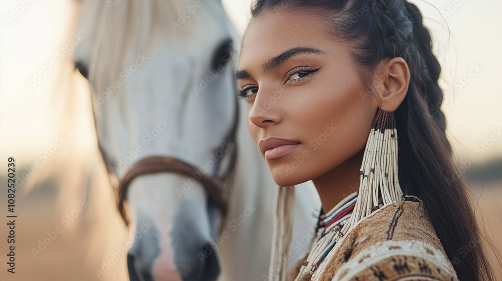 Native American Woman with Horse in Traditional Attire Native American Woman with Horse in Traditional Attire