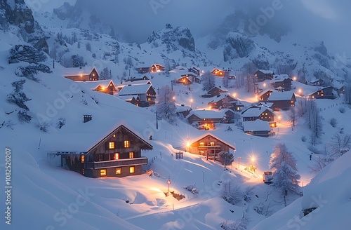 A beautiful scenery, a snowy village in the Alps during wintertime, twinkling lights and festive decorations during Christmas photo