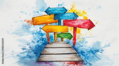 Colorful directional signs on a vibrant watercolor background.