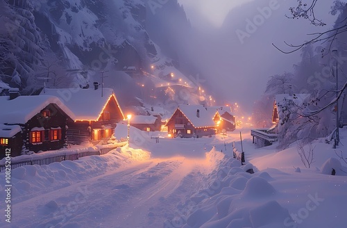 A beautiful scenery, a snowy village in the Alps during wintertime, twinkling lights and festive decorations during Christmas photo