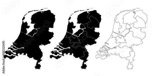Map of the Netherlands in three styles: solid black, regional divisions, and outline.