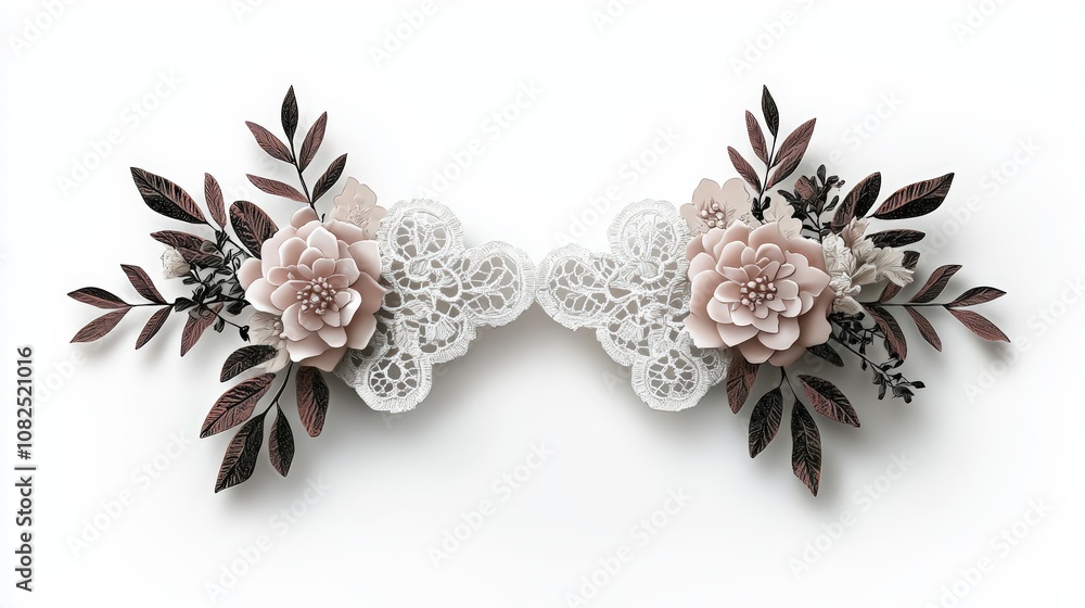 Elegant floral arrangement featuring delicate pink flowers and intricate lace accents, perfect for invitations and decorations. Elegant floral arrangement featuring delicate pink flowers and intricate lace accents, perfect for invitations and decorations.