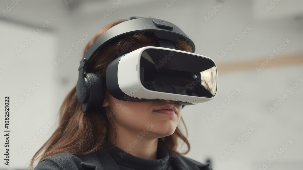 Immersive virtual reality experience with woman wearing VR headset, showcasing technology and innovation in modern environment Immersive virtual reality experience with woman wearing VR headset, showcasing technology and innovation in modern environment