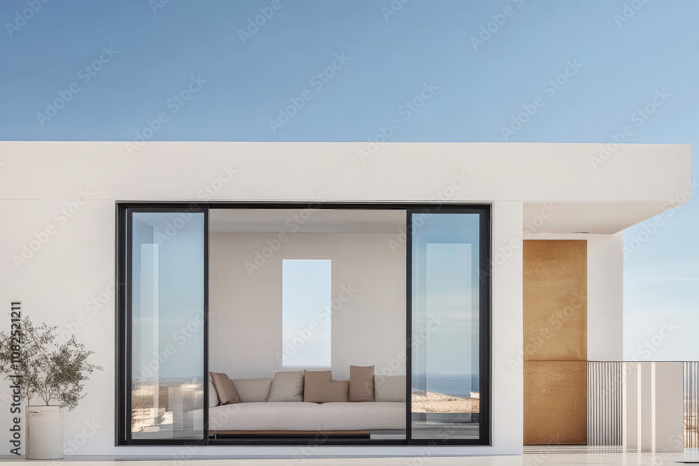 Modern minimalist architectural design of a spacious balcony with ocean view at sunset Modern minimalist architectural design of a spacious balcony with ocean view at sunset