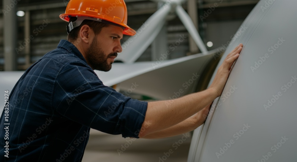 Engineer inspecting wind turbine in industrial facility with hard hat Engineer inspecting wind turbine in industrial facility with hard hat