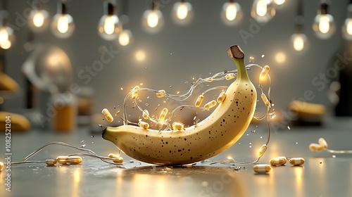 Banana depicted as a power source, connected with glowing vitamin wires, symbolic energy