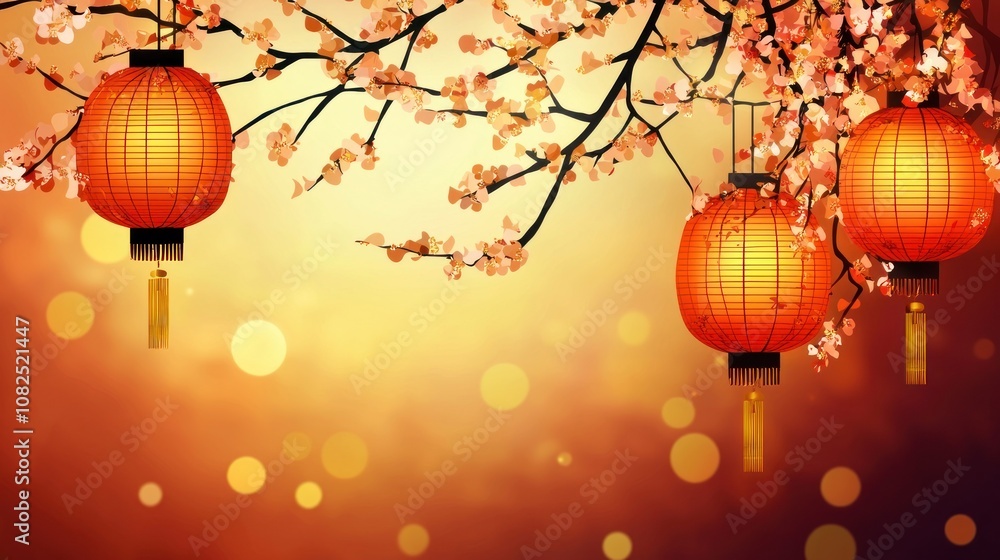 Obraz premium Beautiful lanterns hanging on cherry blossom branches with a warm bokeh background.