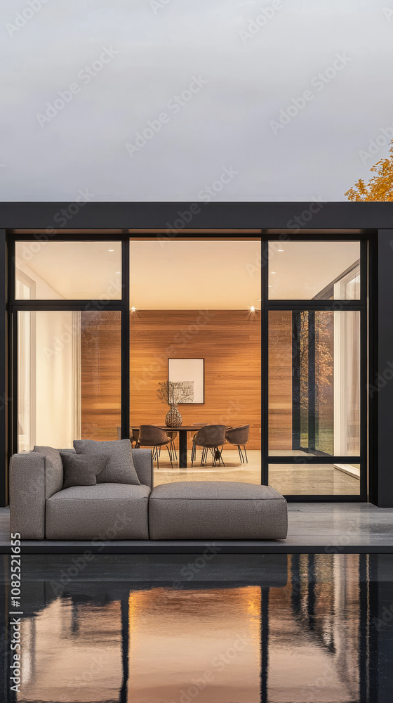 Fototapeta premium Modern architecture featuring a cozy seating area overlooking a serene outdoor space at dusk