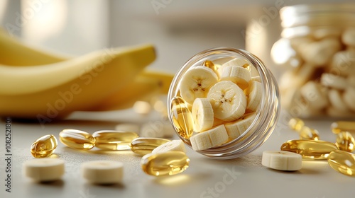 Banana slices shaped like vitamin pills, glowing with energy, surreal composition photo