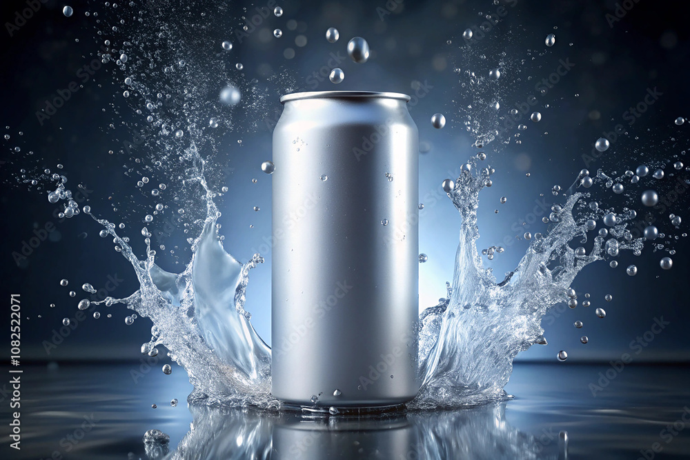silver aluminum 500 ml energy drink can mockup with water splash silver aluminum 500 ml energy drink can mockup with water splash