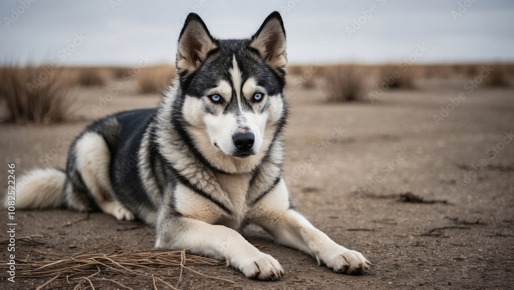 Resilient Husky Mix with Tired Expression Resting on Dry Ground Surrounded by Sparse Vegetation Under a Cloudy Sky Resilient Husky Mix with Tired Expression Resting on Dry Ground Surrounded by Sparse Vegetation Under a Cloudy Sky