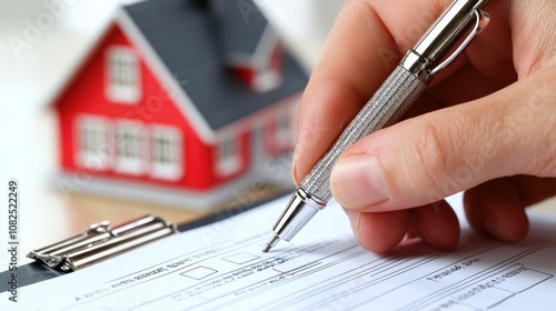 Hand signing document with pen near miniature house model, focus on paperwork.