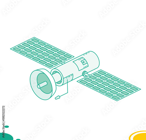 Isometric communication satellite with antenna isolated on white. Wireless technology. Outline style.