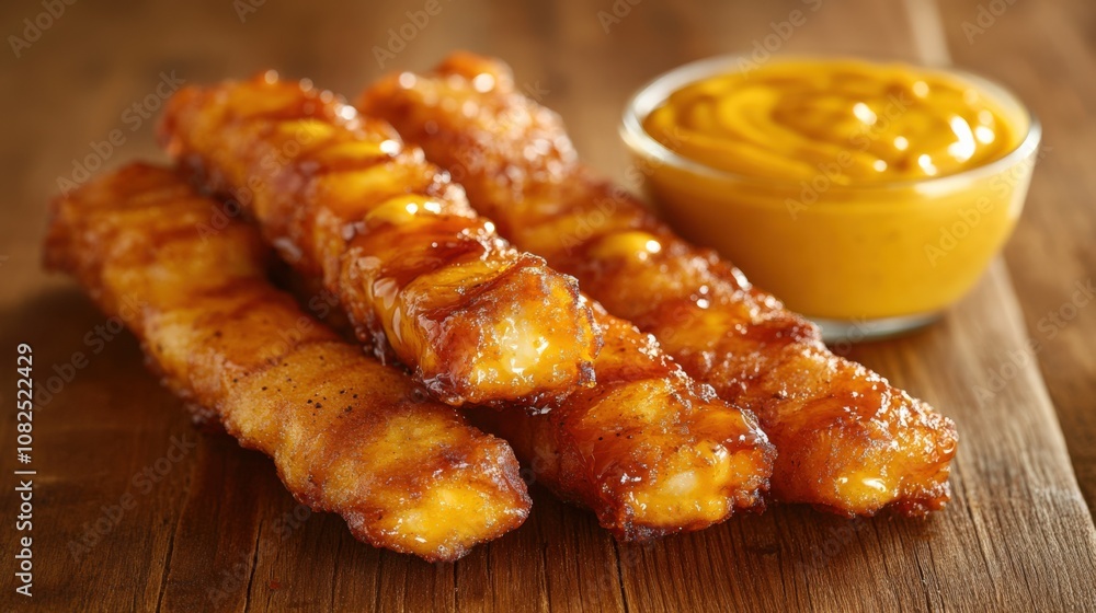 Crispy Cheddar Cheese Sticks with Mustard Sauce on Rustic Table Crispy Cheddar Cheese Sticks with Mustard Sauce on Rustic Table