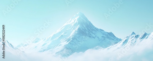 A majestic snow-capped mountain rises above a serene, cloudy landscape.