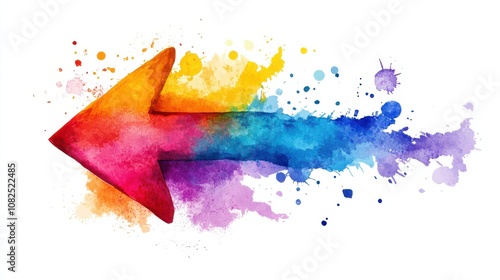 Colorful watercolor arrow with splashes, white isolate background.