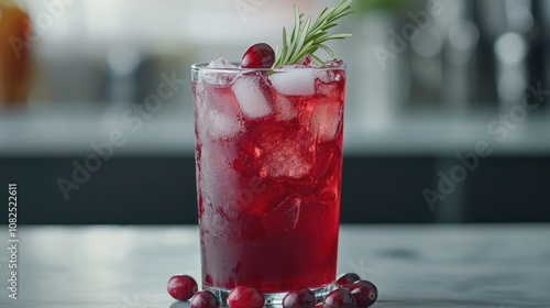 Refreshing cranberry cocktail with ice and rosemary garnish, white isolated background. photo