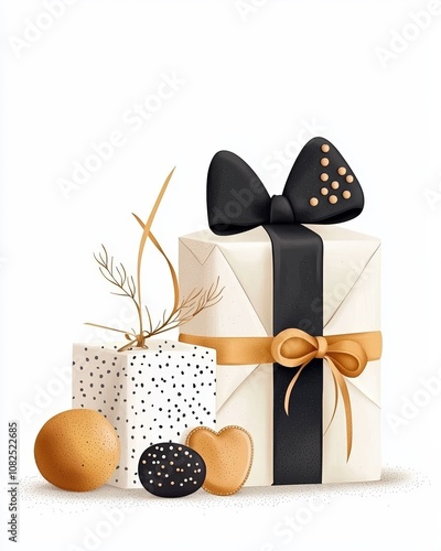 Stylish gift boxes adorned with a black bow, featuring elegant patterns and decorative elements, perfect for celebrations. photo