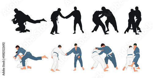 Judo, martial art, silhouettes of judokas, flat, set,