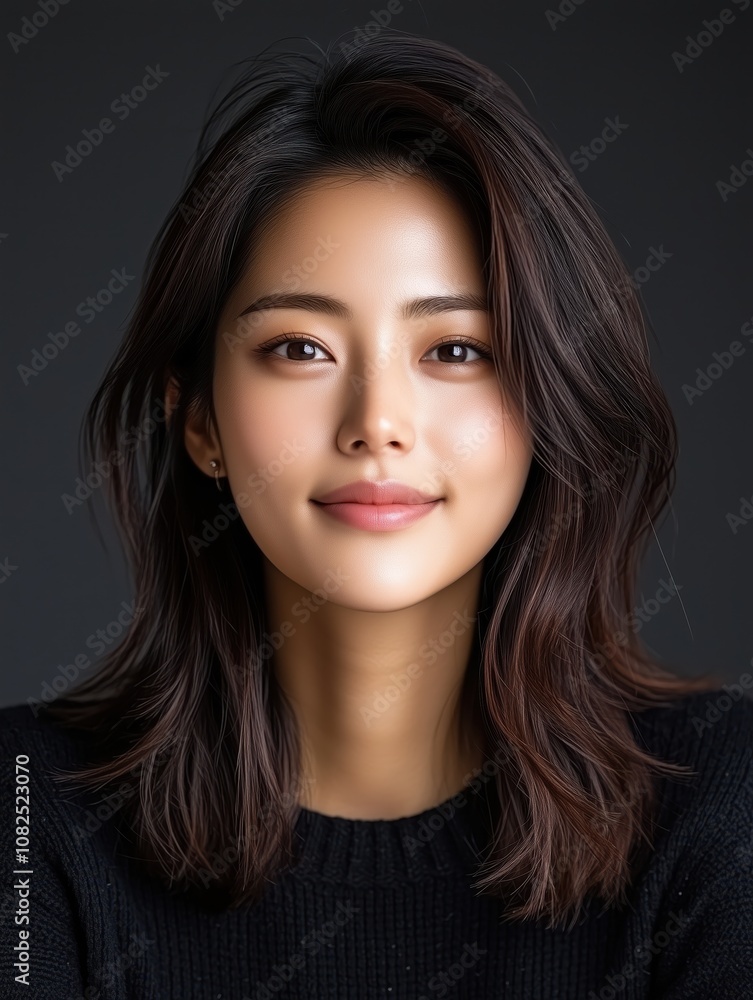 portrait of a young attractive South Korean woman in a studio on a dark background portrait of a young attractive South Korean woman in a studio on a dark background