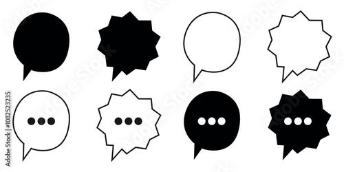 Set of black and white speech bubbles with dotted and plain versions.