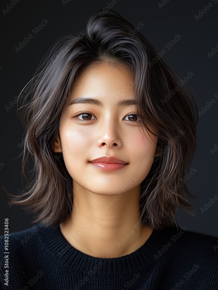 portrait of a young attractive South Korean woman in a studio on a dark background portrait of a young attractive South Korean woman in a studio on a dark background