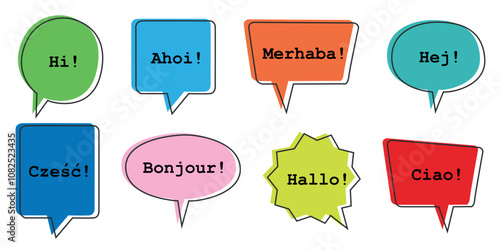 Colorful speech bubbles with greetings in different languages.