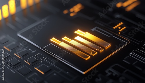 Digital Asset Performance, A zoomed-in view of glowing bar charts and line graphs analyzing tokenized asset trends. photo