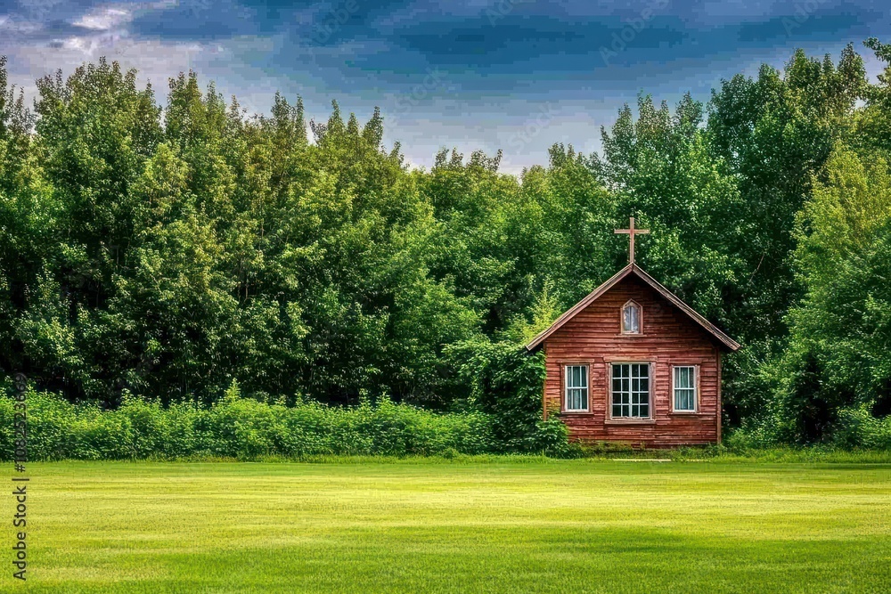 A rustic red church stands amidst lush greenery under a dramatic sky. A rustic red church stands amidst lush greenery under a dramatic sky.