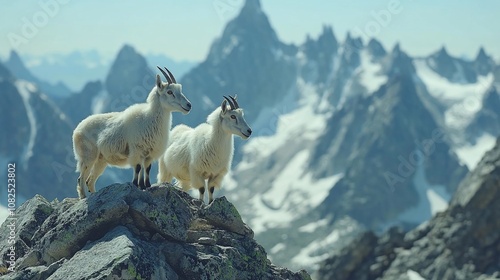 Two white mountain goats standing on a rocky cliff with snow-capped mountains in the background.