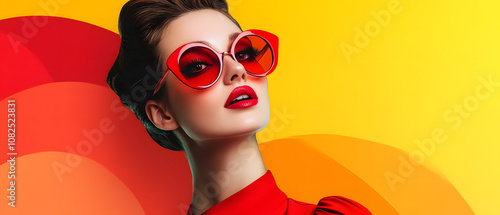 Fashionable Woman in Red Sunglasses Against a Yellow and Orange Background, Fashionable Woman in Red Sunglasses Against a Yellow and Orange