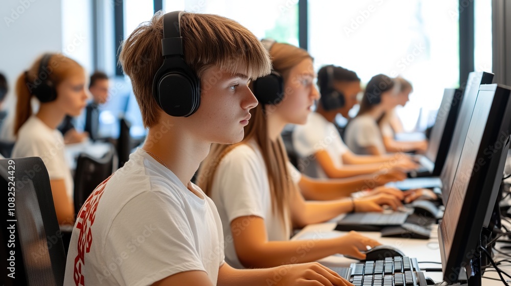 Students in a computer lab, focused on their work. Students in a computer lab, focused on their work.