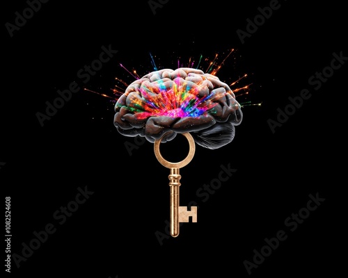 Infinite Intelligence, A key unlocking a brain, with streams of colorful data and sparks representing unlimited knowledge.