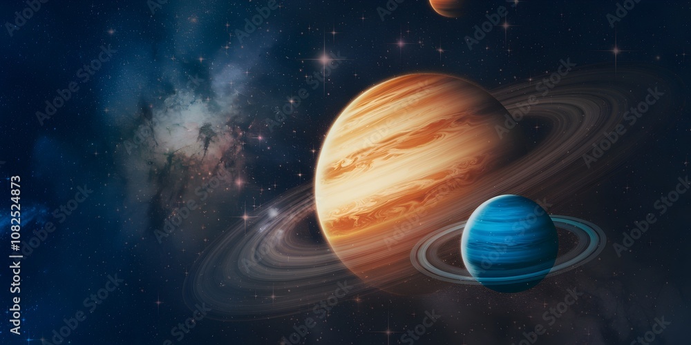 Glowing space scene with orange and blue planets and starry background Glowing space scene with orange and blue planets and starry background