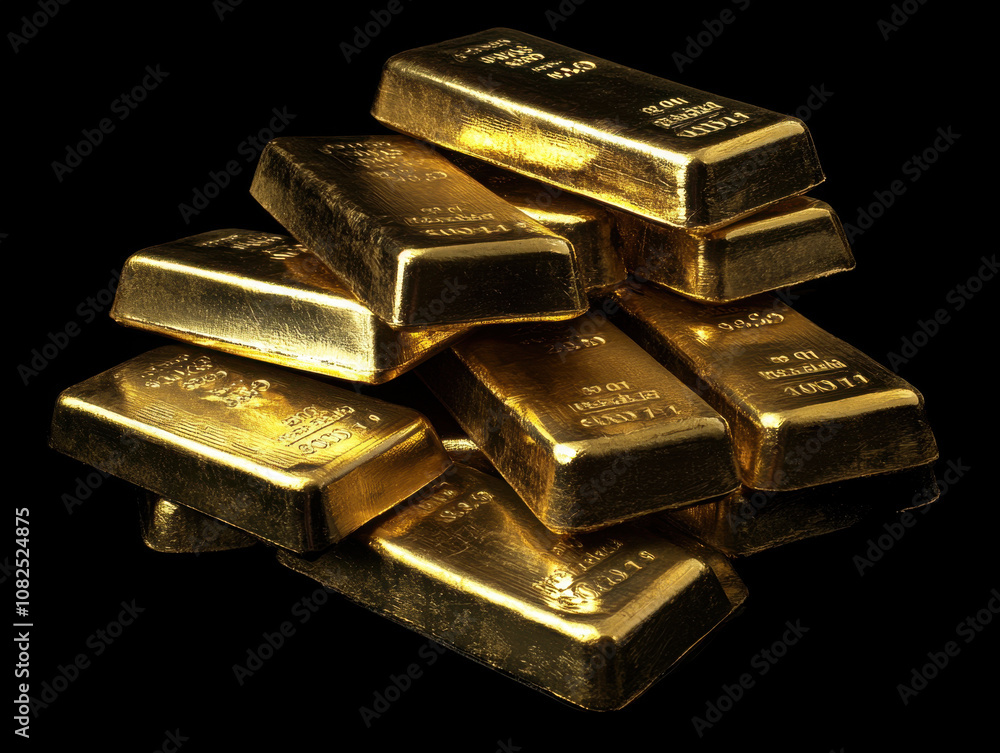 Shimmering gold bars stacked elegantly on a reflective surface showcasing wealth and luxury Shimmering gold bars stacked elegantly on a reflective surface showcasing wealth and luxury