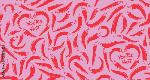 Saint Valentines Day romantic love background. Seamless vector pattern. Red pepper pattern and text “You are hot”.  Design for wrapping paper, packaging, background, textile, gifts.
