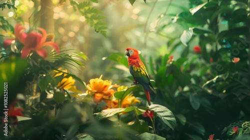 Colorful parrot perched among vibrant tropical flowers in a lush jungle setting.