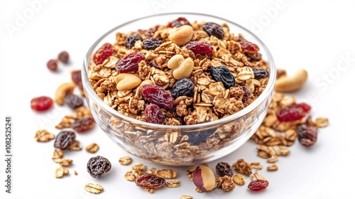 Healthy Granola Bowl Filled with Oats, Dried Fruits, and Nuts on a White Background Perfect for Nutritional and Culinary Projects