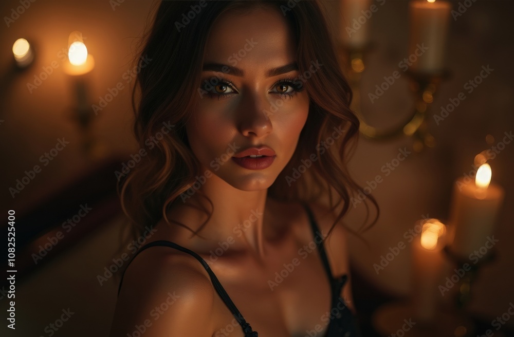 A woman poses softly in candlelight, creating an intimate atmosphere with warm tones and gentle shadows in a dim room A woman poses softly in candlelight, creating an intimate atmosphere with warm tones and gentle shadows in a dim room