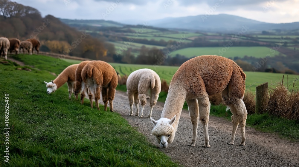 Obraz premium Group of alpacas grazing along a rural path in a scenic countryside landscape with rolling hills in the background under a cloudy sky