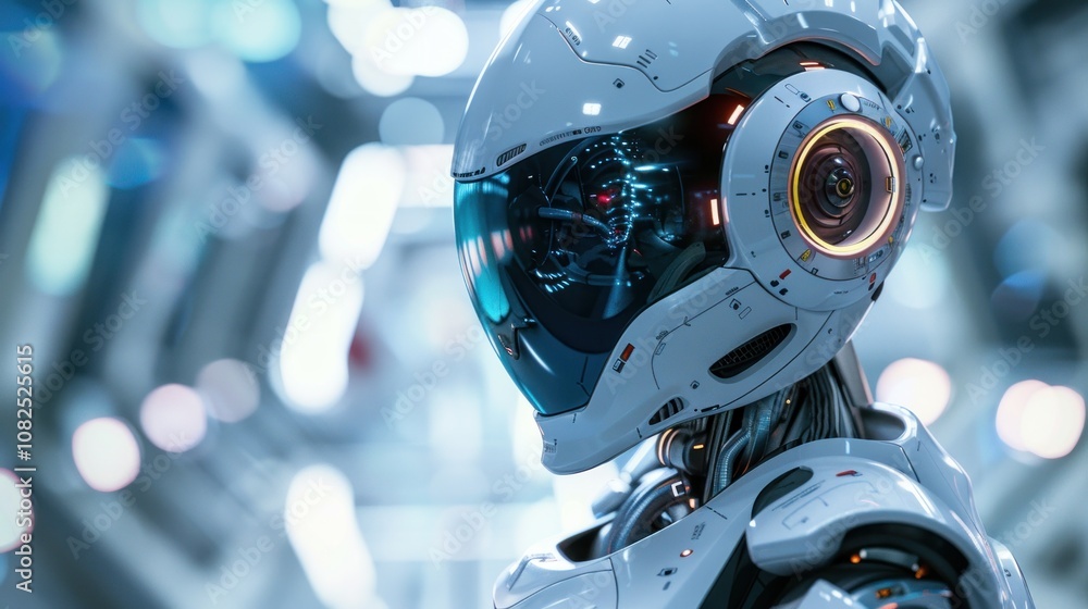 Close-up of a futuristic robot's head, featuring a white helmet with a transparent visor and intricate details. The robot's eye is visible through the visor, glowing red. Close-up of a futuristic robot's head, featuring a white helmet with a transparent visor and intricate details. The robot's eye is visible through the visor, glowing red.