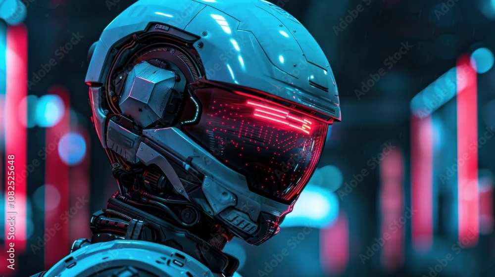 A futuristic robot in a white helmet with red lights, against a blurred background of neon lights. A futuristic robot in a white helmet with red lights, against a blurred background of neon lights.