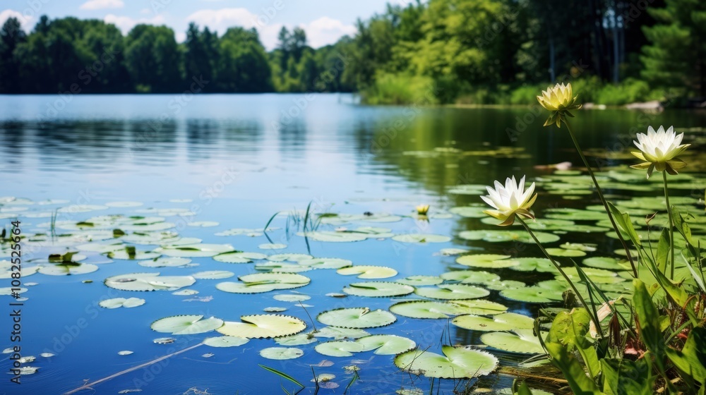 Water Lily Blooms on Serene Lake with Lush Greenery Water Lily Blooms on Serene Lake with Lush Greenery
